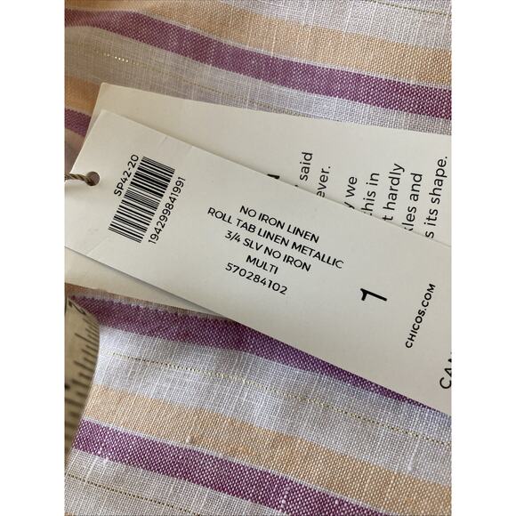 Chicos Women’s Linen Blouse Sz 1 10 New Roll Tab Metallic 3/4 Sleeve No Iron $99 - Picture 5 of 7